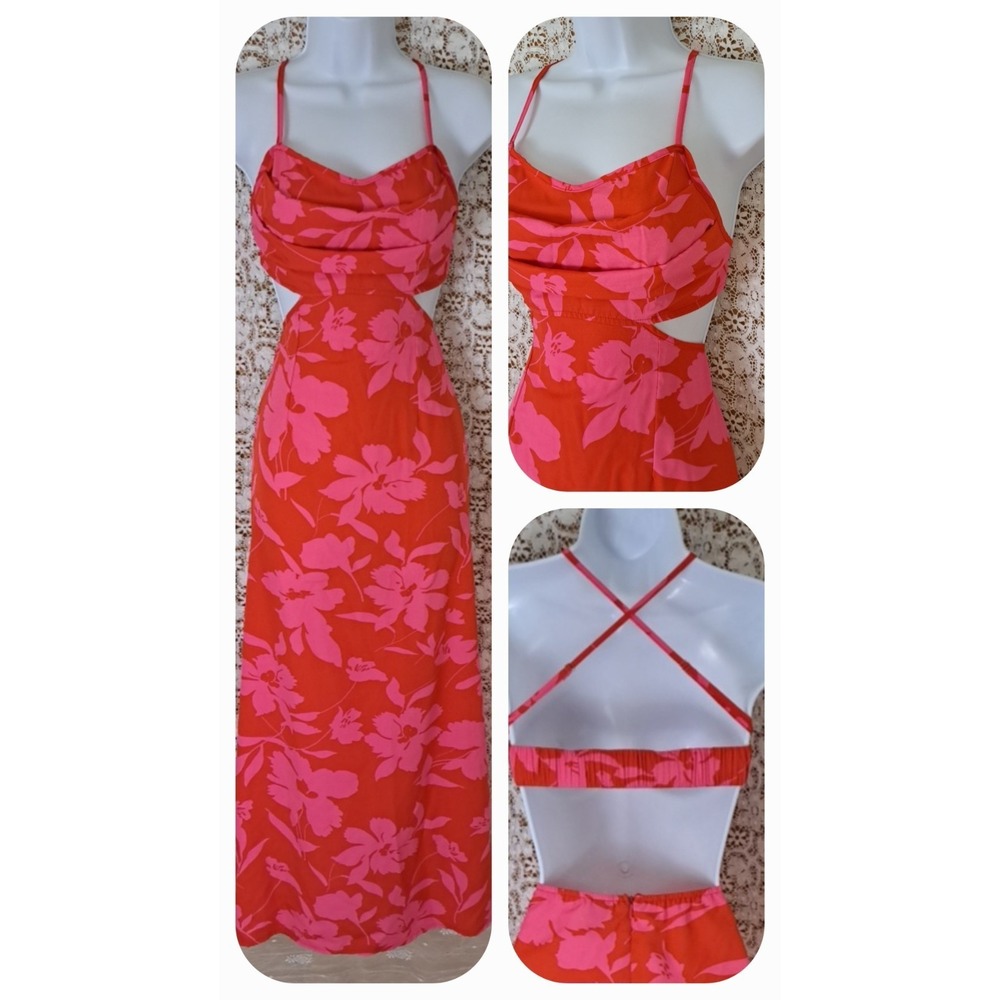 Maxi‎ Sundress M Red Pink Floral Strappy Back Zip Beachy Vaca Resort Wear Shein